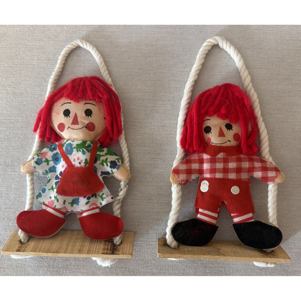 Vintage 1970's Raggedy Ann & Andy on Swings Christmas Ornaments - Set of 2